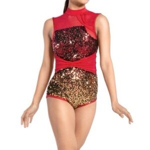 Revolution “REVOLVE” Red/Gold Sequin Leotard. Stones added (Read description)